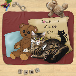 Cozy Burgundy Whimsical Tabby Cat Home Receiving Blanket