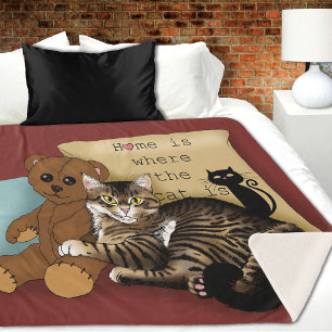 Cozy Burgundy Whimsical Tabby Cat Home Sherpa Blanket