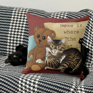 Cozy Burgundy Whimsical Tabby Cat Home Throw Pillow