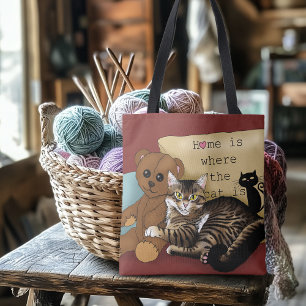 Cozy Burgundy Whimsical Tabby Cat Home Tote Bag