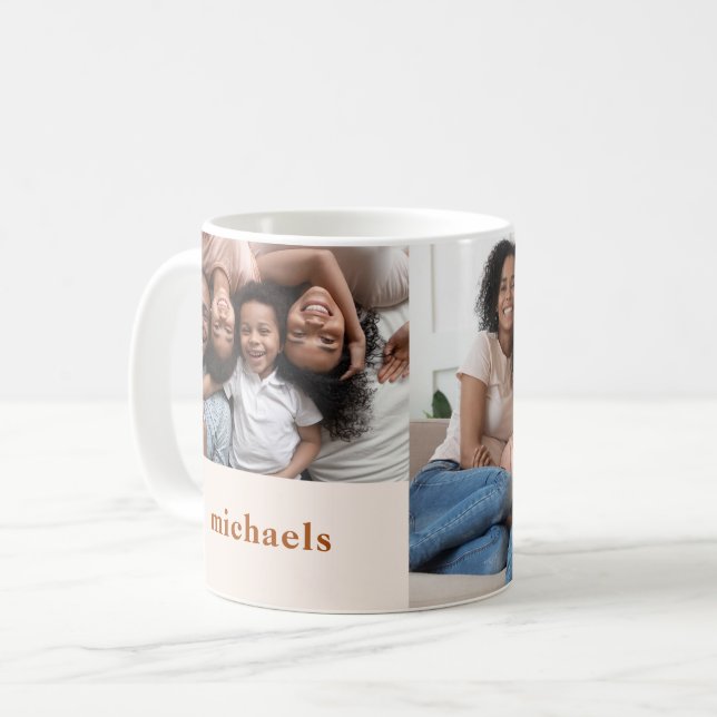 Cozy Burnt Orange Two Photo with Name Coffee Mug (Front Left)