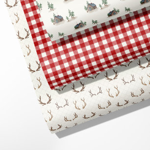 "Cozy Cabin, Antler, Buffalo Plaid Wrapping Paper Sheets