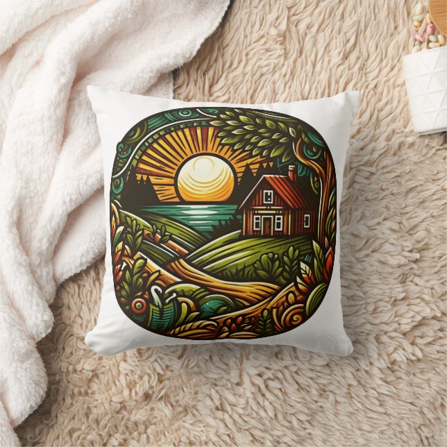 Cozy cabin at sunset in a vibrant landscape throw pillow (Blanket)