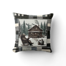 Cozy Cabin Bear Throw Pillow – Rustic Winter Lodge