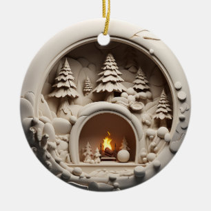 Cozy Cabin Christmas Fireplace Ceramic Ornament
