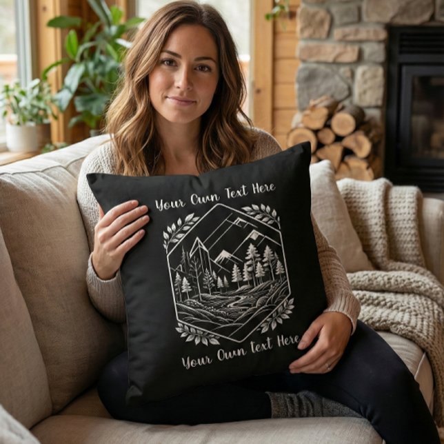 Cozy Cabin Decor River Mountain Your Text Throw Pillow (Cozy Cabin Decor River Mountain Throw Pillow. Great home decor gift for nature lovers!)