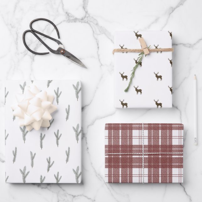 Cozy Cabin Deer, Pine, & Plaid Wrapping Paper Sheets (Front)