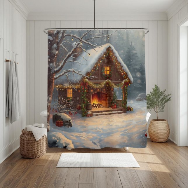 Cozy Cabin Fireplace Christmas Shower Curtain (Creator Uploaded)
