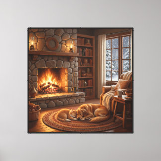 Cozy Cabin Fireplace - Sleeping Dog and Cat Canvas Print