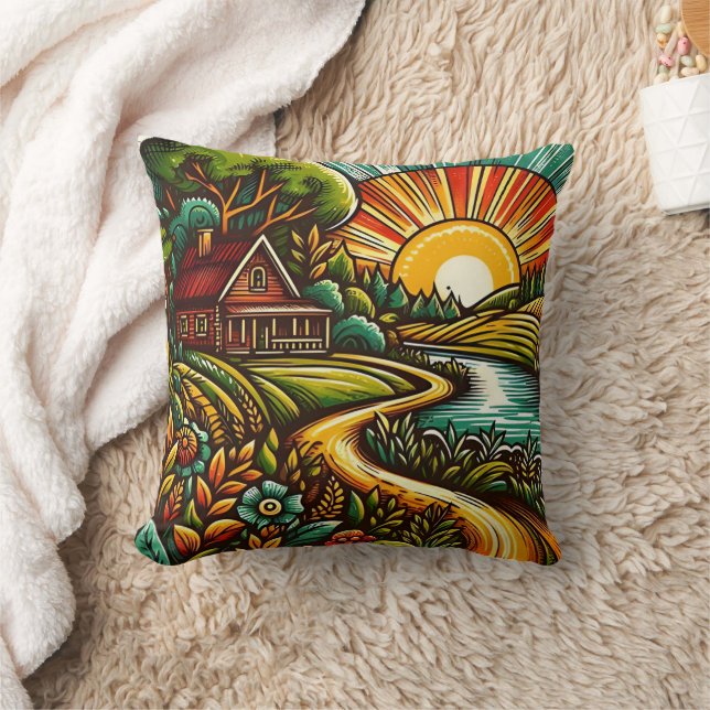 Cozy cabin in a serene sunrise landscape throw pillow (Blanket)