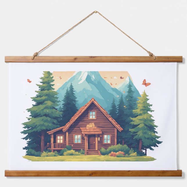 Cozy Cabin in Mountain Forest Hanging Tapestry (Front)