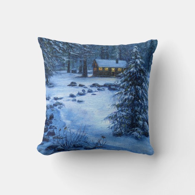 "Cozy Cabin in the Snow" Pillow (Front)