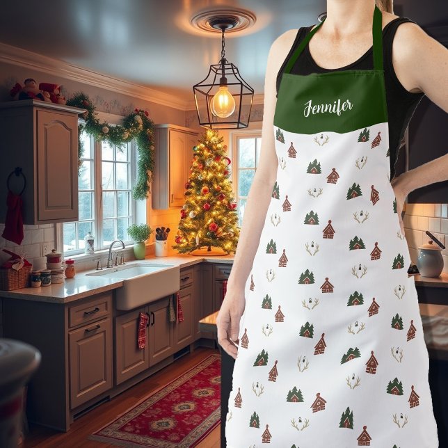 Cozy cabin monogram name Christmas Apron (Cozy cabin monogram name Christmas Apron. You can add your name to personalize. Nice holiday apron.)