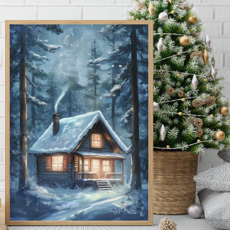Cozy Cabin Nestled in Snowy Forest Poster