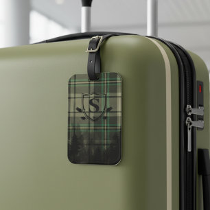 Cozy Cabin Plaid Pine Tree Silhouettes Monogram Luggage Tag