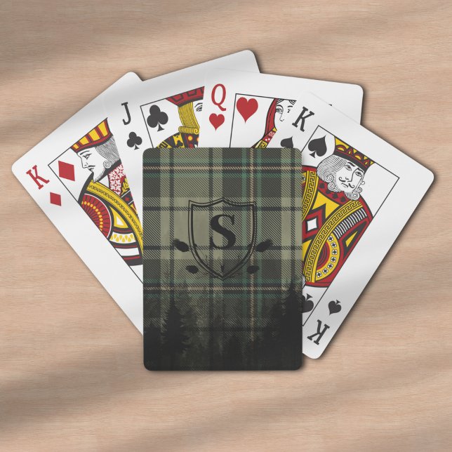 Cozy Cabin Plaid Pine Tree Silhouettes Monogram Poker Cards (Creator Uploaded)