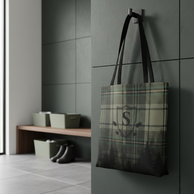 Cozy Cabin Plaid Pine Tree Silhouettes Monogram Tote Bag (Creator Uploaded)