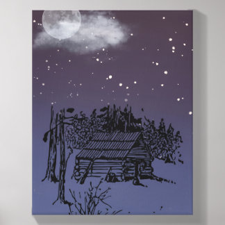 Cozy Cabin Under Starry Night Sky Winter Landscape Canvas Photo Tile