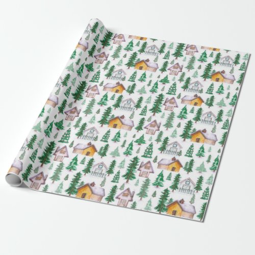 Cozy Cabins in Pine Forest Watercolor Pattern Wrapping Paper