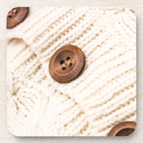 Cozy cable knit sweater wood button brown cream beverage coaster