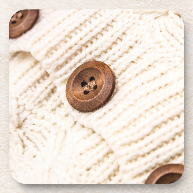 Cozy cable knit sweater wood button brown cream beverage coaster (Front)