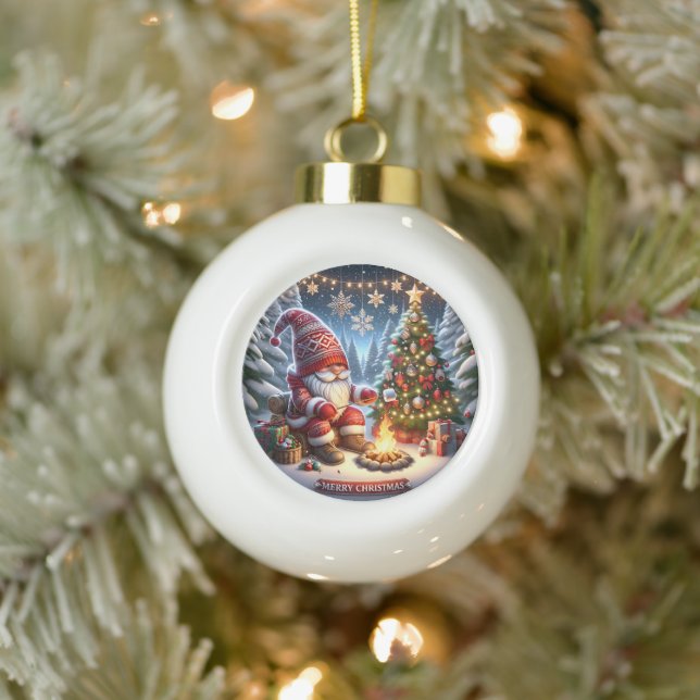 Cozy Campfire Gnome" - Festive Christmas  Ceramic Ball Christmas Ornament (Tree)
