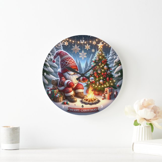 Cozy Campfire Gnome" - Festive Christmas Wall Large Clock (Home)