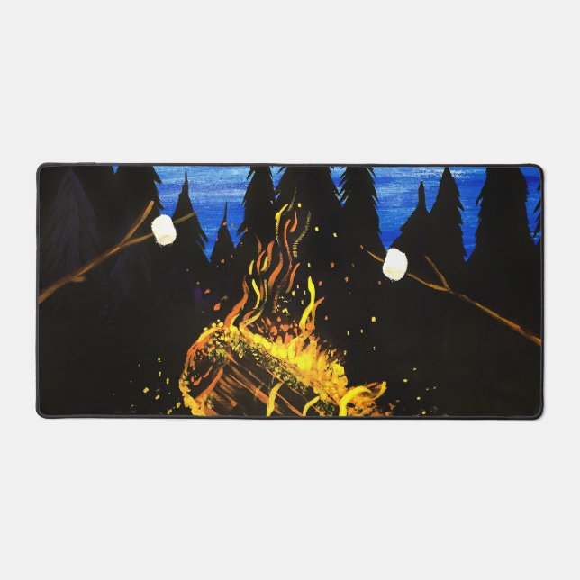 Cozy Campfire Sunset Forest Outdoor Adventure Desk Mat (Front)