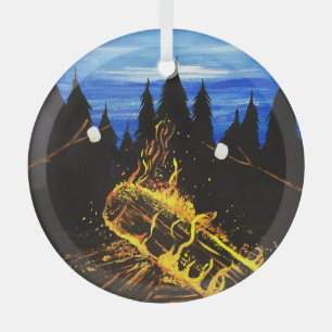 Cozy Campfire Sunset Forest Outdoor Adventure Glass Ornament
