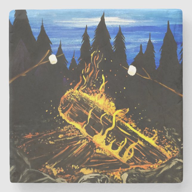 Cozy Campfire Sunset Forest Outdoor Adventure Stone Coaster (Front)