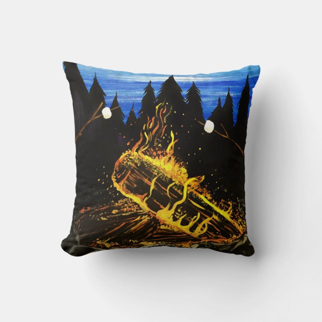 Cozy Campfire Sunset Forest Outdoor Adventure Throw Pillow (Front)