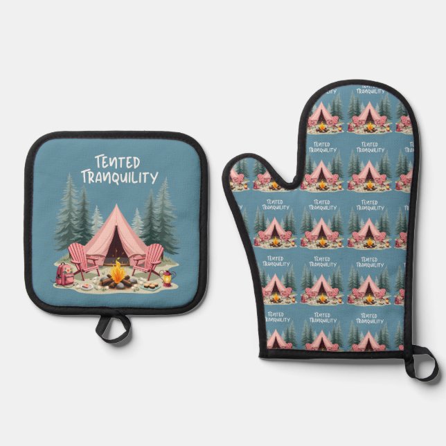 Cozy Camping Aesthetic Glamping Tent & Campfire Oven Mitt & Pot Holder Set (Front)