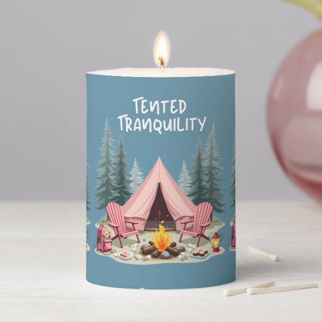 Cozy Camping Aesthetic Glamping Tent & Campfire Pillar Candle (In Situ)