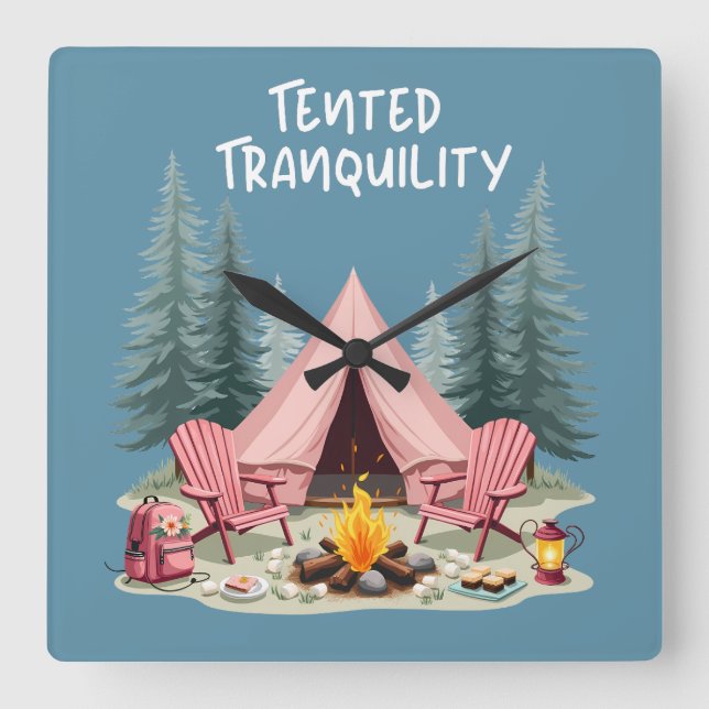 Cozy Camping Aesthetic Glamping Tent & Campfire Square Wall Clock (Front)