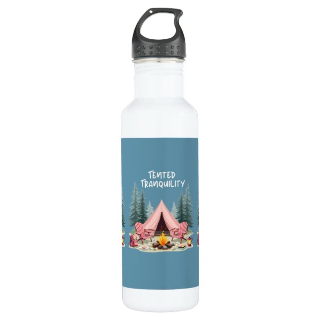 Cozy Camping Aesthetic Glamping Tent & Campfire Stainless Steel Water Bottle (Front)