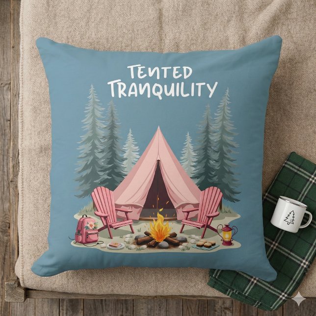 Cozy Camping Aesthetic Glamping Tent & Campfire Throw Pillow (Cozy Camping Aesthetic Glamping Tent & Campfire Throw Pillow Mockup A)