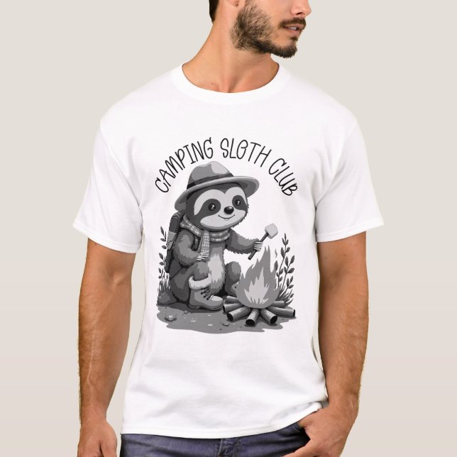Cozy Camping Sloth Roasting Marshmallow Adventure T-Shirt (Front)