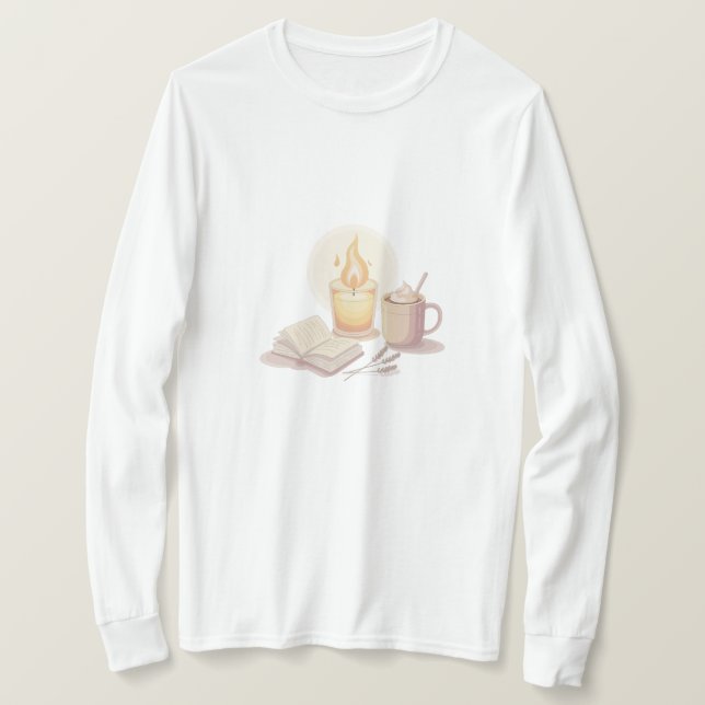 Cozy Candle and Hot Chocolate Illustration T-Shirt (Design Front)