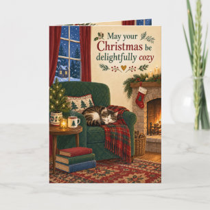 Cozy Cat and Fireplace Christmas Card