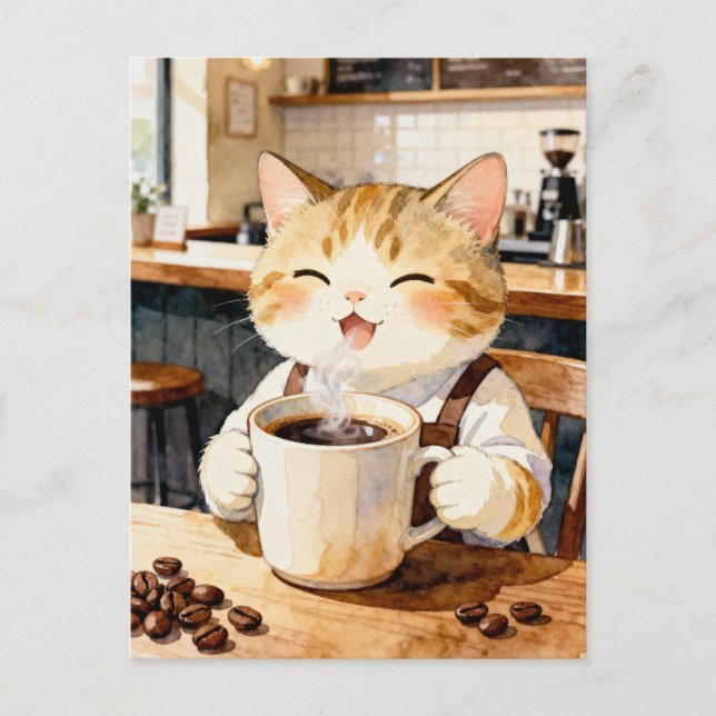 Cozy Cat Barista Watercolor Art Postcard (Front)