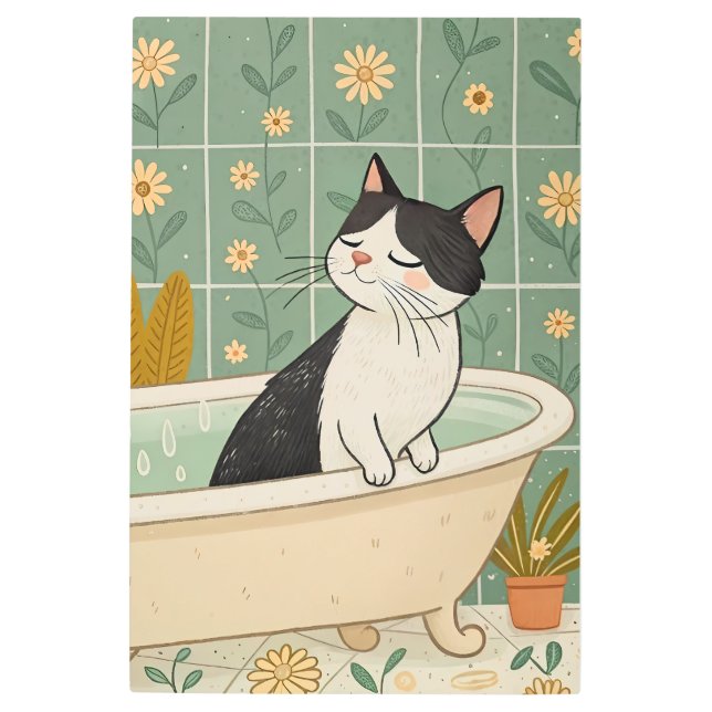 Cozy Cat Bath: Whimsical Relaxation Metal Print (Front)