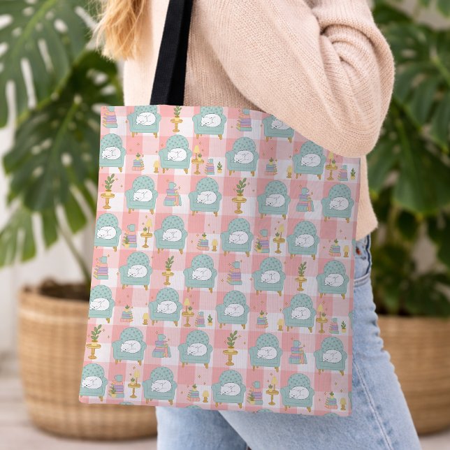 Cozy Cat & Book Girl Pastel Mint Green Pink Tote Bag (Creator Uploaded)