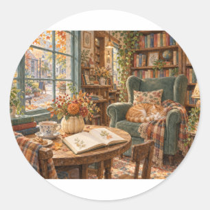 Cozy Cat Bookshop Reading Nook Classic Round Sticker