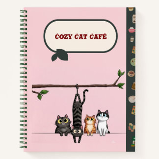 Cozy Cat Cafe Cute Cartoon Cats on Branch Pink Notebook