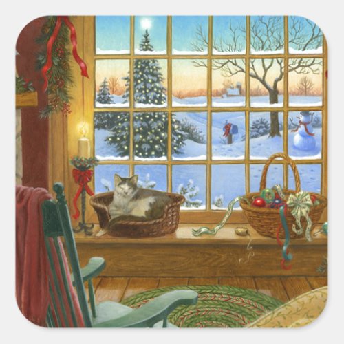 Cozy cat Christmas Square Sticker