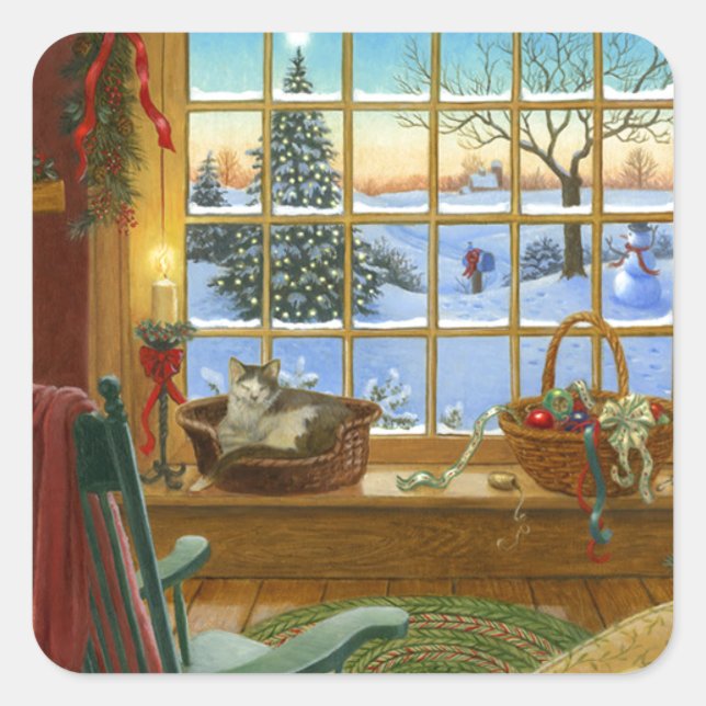 Cozy cat Christmas Square Sticker (Front)