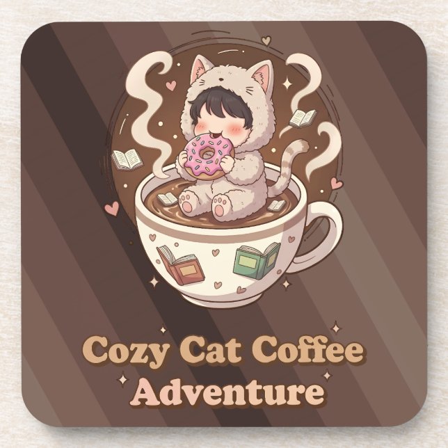 Cozy Cat Coffee Adventure Art Beverage Coaster (Front)