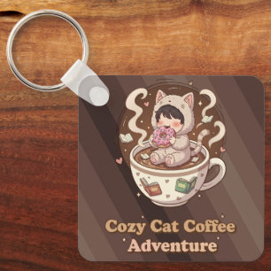 Cozy Cat Coffee Adventure Art Keychain
