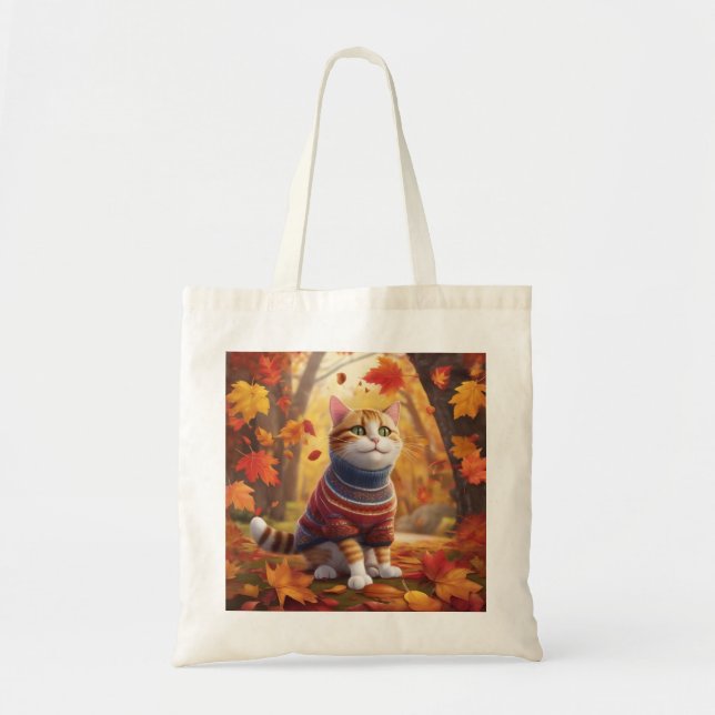 Cozy Cat Enjoying the Autumn Leaves Tote Bag (Front)
