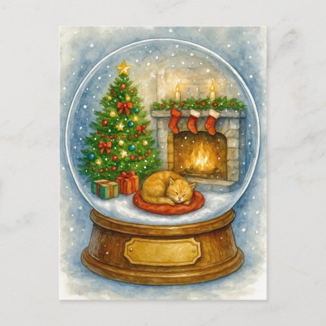 Cozy Cat Fireplace Christmas Snow Globe Postcard (Front)